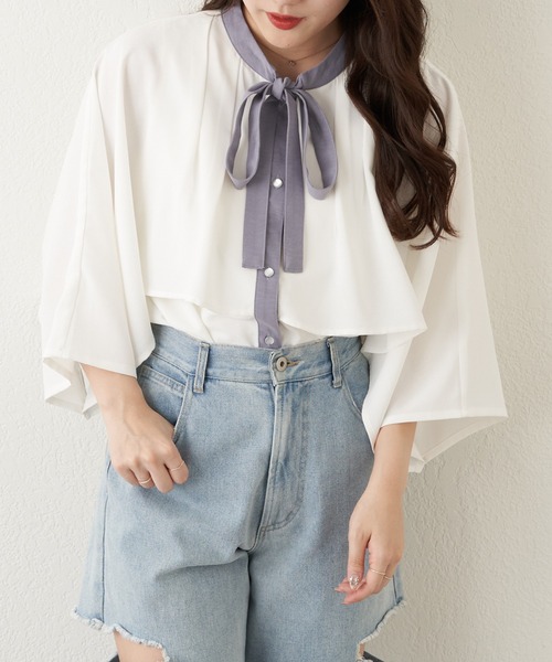 Another Branch olive des olive(アナザーブランチオリーブデオリーブ)の「【女性らしさたっぷり!】【WEB限定】配色ケープボウタイブラウス(シャツ/ブラウス・レディース・ネイビー/オフホワイト/アイボリー・FREE)」の6枚目の写真