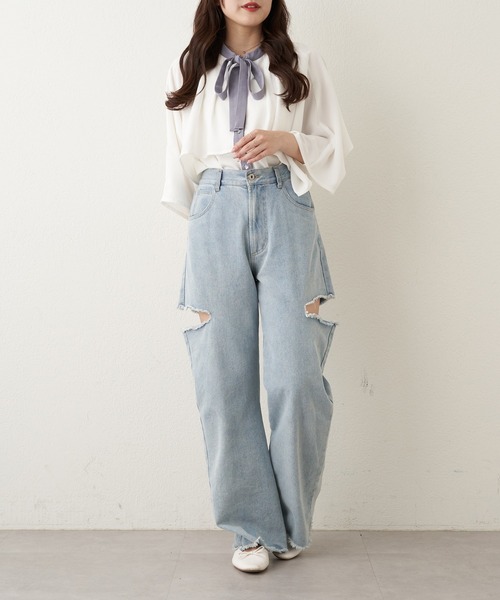 Another Branch olive des olive(アナザーブランチオリーブデオリーブ)の「【女性らしさたっぷり!】【WEB限定】配色ケープボウタイブラウス(シャツ/ブラウス・レディース・ネイビー/オフホワイト/アイボリー・FREE)」の9枚目の写真