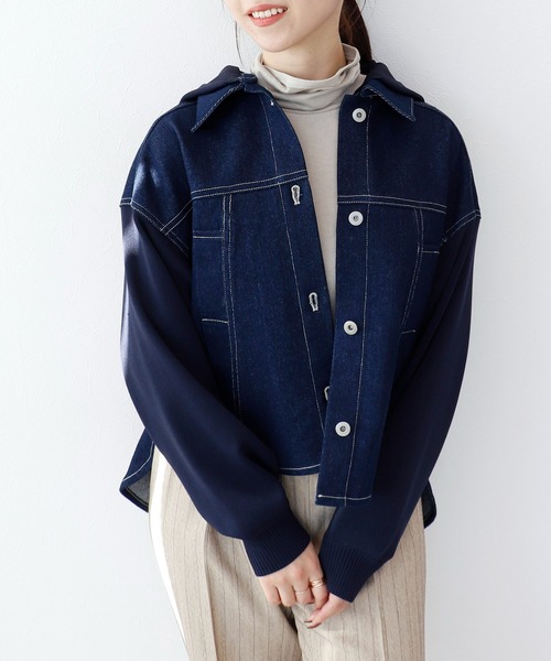 Jines(ジネス)の「デニム×ニットGジャン【フード取り外し可能】(デニムジャケット・レディース・ホワイト/インディゴブルー・38)」の14枚目の写真