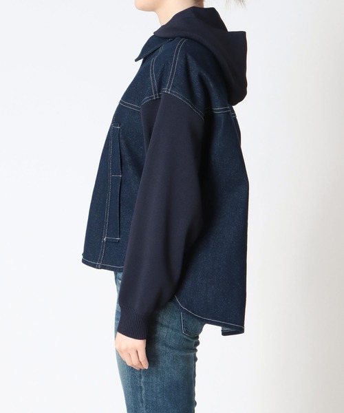 Jines(ジネス)の「デニム×ニットGジャン【フード取り外し可能】(デニムジャケット・レディース・ホワイト/インディゴブルー・38)」の19枚目の写真