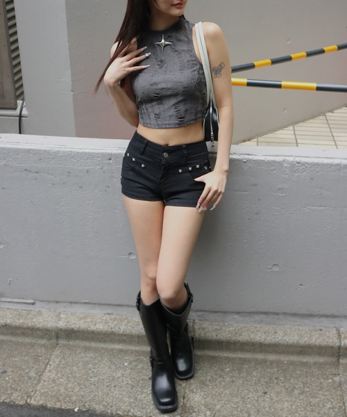 tinkerend（ティンカーエンド）の「Rivet Shorts Denim / リベットデニムショートパンツ（デニムパンツ・レディース・ブラック・2/1）」の3枚目の写真