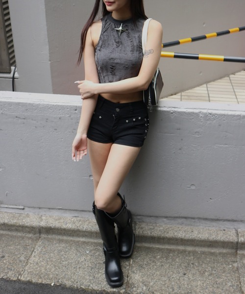 tinkerend（ティンカーエンド）の「Rivet Shorts Denim / リベットデニムショートパンツ（デニムパンツ・レディース・ブラック・2/1）」の4枚目の写真