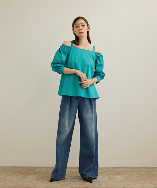 ROPE'（ロペ）の「【洗える】コットンサテンオフショルダーブラウス（シャツ/ブラウス・レディース・ネイビー/ターコイズブルー・FREE）」の4枚目の写真