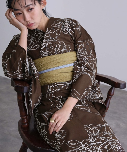 オール新品□高級粋な朝顔花染め大人浴衣，リバーシブル半幅帯，帯留め