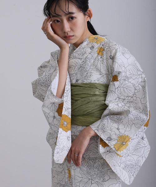 オール新品■高級綿麻，色彩鮮やか花模様大人浴衣，浴衣帯，特別帯留め付き４点セット オール新品□高級綿麻，色彩鮮やか花模様大人浴衣，浴衣帯，特別