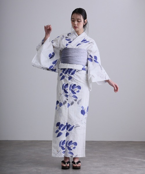 大人浴衣2点セット洗える 綿麻帯 兵児帯 女性 黒 選べる シック レトロ