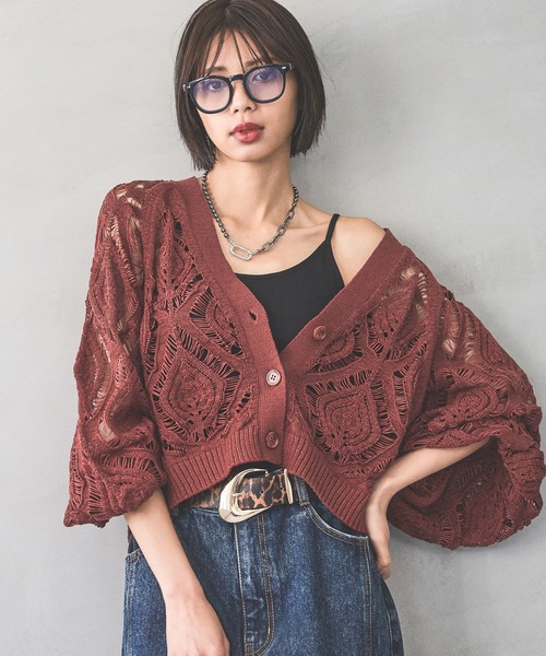 ページボーイ カーディガン ニット ラウンドネック リブ 長袖 M 緑 Like Us（ライクアス）の「Like Usクルーネック⁄ラウンドネック