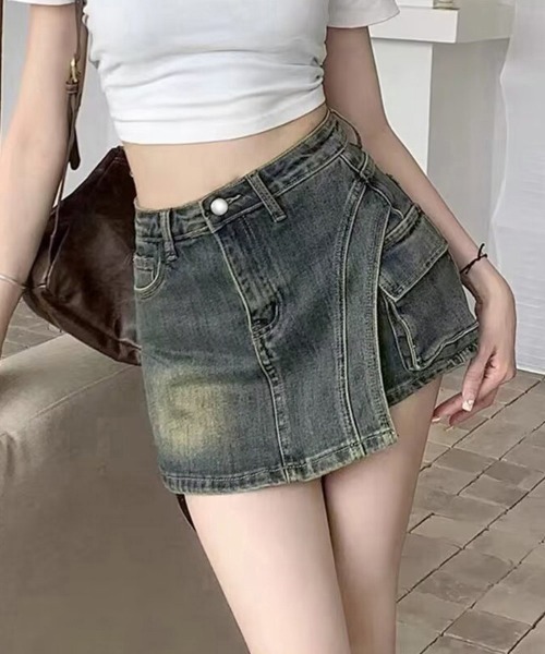 2024SS マチャット　machatt デニムラップショートパンツ　スカート セール】ラップスカート風デニムショートパンツ（デニムパンツ