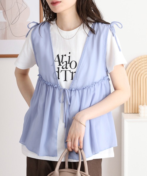 atONE(アットワン)の「シフォンベスト+天竺AラインシルエットTシャツアンサンブル(Tシャツ/カットソー・レディース・ブラック/チャコール/ブルーグレー・L/M/3L/LL)」の3枚目の写真