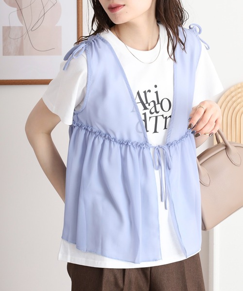 atONE(アットワン)の「シフォンベスト+天竺AラインシルエットTシャツアンサンブル(Tシャツ/カットソー・レディース・ブラック/チャコール/ブルーグレー・L/M/3L/LL)」の5枚目の写真
