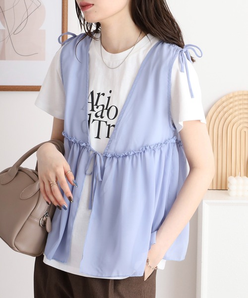 atONE(アットワン)の「シフォンベスト+天竺AラインシルエットTシャツアンサンブル(Tシャツ/カットソー・レディース・ブラック/チャコール/ブルーグレー・L/M/3L/LL)」の6枚目の写真
