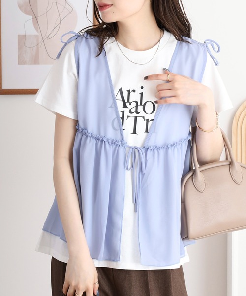 atONE(アットワン)の「シフォンベスト+天竺AラインシルエットTシャツアンサンブル(Tシャツ/カットソー・レディース・ブラック/チャコール/ブルーグレー・L/M/3L/LL)」の7枚目の写真