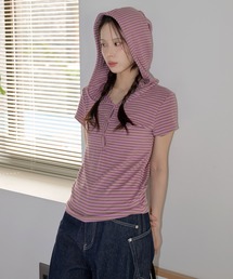 UNE MANSION | 【UNE ORIGINAL】 シルバースナップボタンユニークストライプ ビッグフードTシャツカットソー(Tシャツ/カットソー)