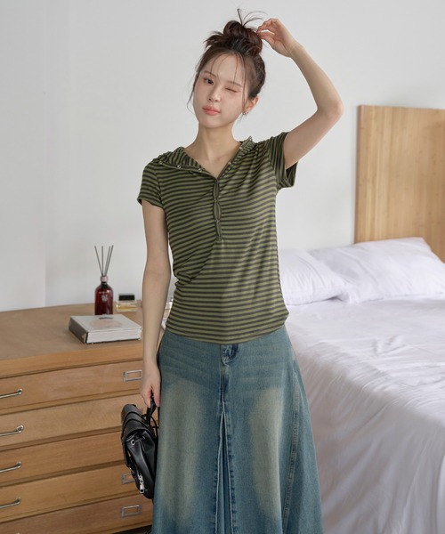 UNE MANSION(ユヌマンション)の「【UNE ORIGINAL】 シルバースナップボタンユニークストライプ ビッグフードTシャツカットソー(Tシャツ/カットソー・レディース・ピンク/バーガンディー/ブラック/カーキ・FREE)」の9枚目の写真