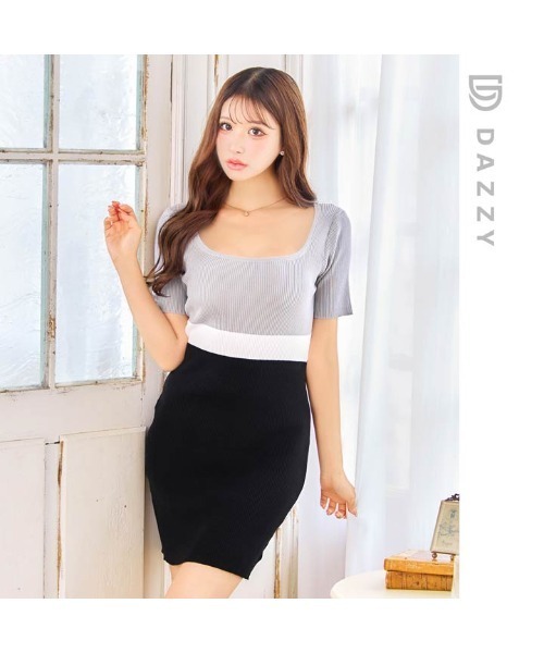 DAZZY（デイジー）の「バイカラーウエストライン リブニット半袖ワンピース（ドレス・レディース・ブラック×グレー・フリー）」の14枚目の写真