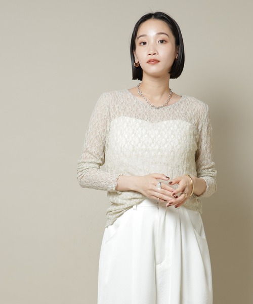 NANO universe（ナノユニバース）の「シアーレースロングスリーブトップス(セットアップ可)（Tシャツ/カットソー・レディース・ブラック/ブラウン/ベージュ・FREE）」の2枚目の写真