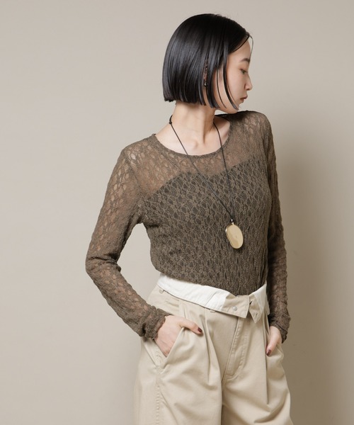 NANO universe（ナノユニバース）の「シアーレースロングスリーブトップス(セットアップ可)（Tシャツ/カットソー・レディース・ブラック/ブラウン/ベージュ・FREE）」の3枚目の写真