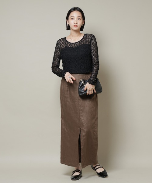 NANO universe（ナノユニバース）の「シアーレースロングスリーブトップス(セットアップ可)（Tシャツ/カットソー・レディース・ブラック/ブラウン/ベージュ・FREE）」の5枚目の写真
