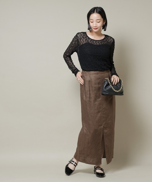 NANO universe（ナノユニバース）の「シアーレースロングスリーブトップス(セットアップ可)（Tシャツ/カットソー・レディース・ブラック/ブラウン/ベージュ・FREE）」の8枚目の写真