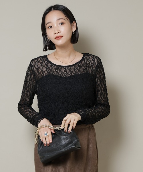 NANO universe（ナノユニバース）の「シアーレースロングスリーブトップス(セットアップ可)（Tシャツ/カットソー・レディース・ブラック/ブラウン/ベージュ・FREE）」の4枚目の写真