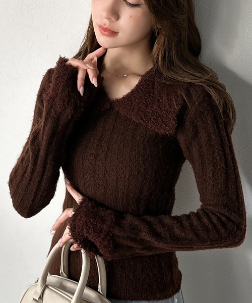 mily bilet(ミウィビレット)の「【mily bilet】可愛さ、ふわり2倍増し◎配色ファー衿リブニットプルオーバー(長袖)(ニット/セーター・レディース・アイボリー/チャコールグレー/ブラウン・LARGE/MEDIUM/SMALL/X-LARGE)」の3枚目の写真