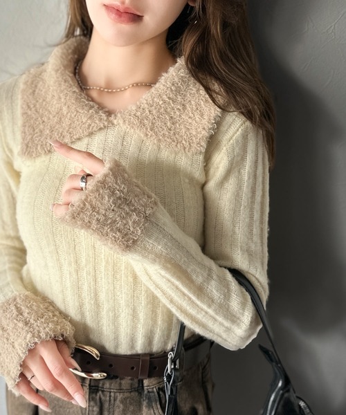 mily bilet(ミウィビレット)の「【mily bilet】可愛さ、ふわり2倍増し◎配色ファー衿リブニットプルオーバー(長袖)(ニット/セーター・レディース・アイボリー/チャコールグレー/ブラウン・LARGE/MEDIUM/SMALL/X-LARGE)」の1枚目の写真