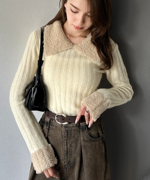 mily bilet(ミウィビレット)の「【mily bilet】可愛さ、ふわり2倍増し◎配色ファー衿リブニットプルオーバー(長袖)(ニット/セーター・レディース・アイボリー/チャコールグレー/ブラウン・LARGE/MEDIUM/SMALL/X-LARGE)」の12枚目の写真