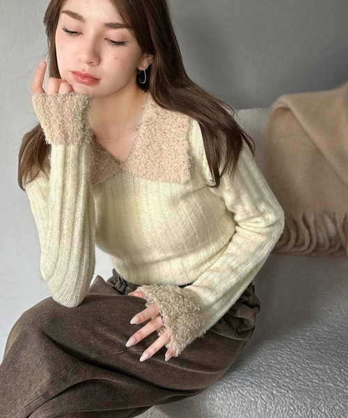 mily bilet(ミウィビレット)の「【mily bilet】可愛さ、ふわり2倍増し◎配色ファー衿リブニットプルオーバー(長袖)(ニット/セーター・レディース・アイボリー/チャコールグレー/ブラウン・LARGE/MEDIUM/SMALL/X-LARGE)」の11枚目の写真