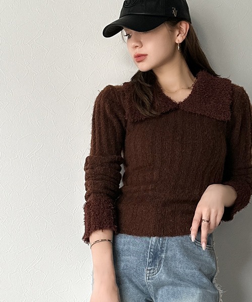 mily bilet(ミウィビレット)の「【mily bilet】可愛さ、ふわり2倍増し◎配色ファー衿リブニットプルオーバー(長袖)(ニット/セーター・レディース・アイボリー/チャコールグレー/ブラウン・LARGE/MEDIUM/SMALL/X-LARGE)」の7枚目の写真