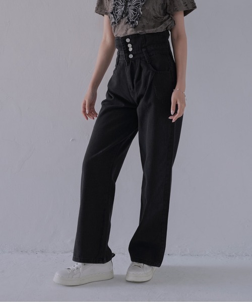Uenui（ウニュイ）の「【 cunii 】 ハイウエストタックワイドデニムパンツ（デニムパンツ・レディース・ブラック・FREE）」の6枚目の写真