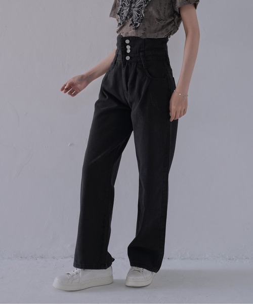 Uenui（ウニュイ）の「【 cunii 】 ハイウエストタックワイドデニムパンツ（デニムパンツ・レディース・ブラック・FREE）」の5枚目の写真