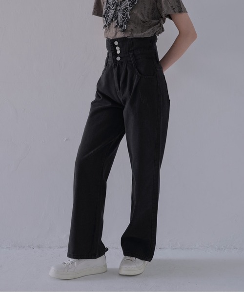 Uenui（ウニュイ）の「【 cunii 】 ハイウエストタックワイドデニムパンツ（デニムパンツ・レディース・ブラック・FREE）」の4枚目の写真