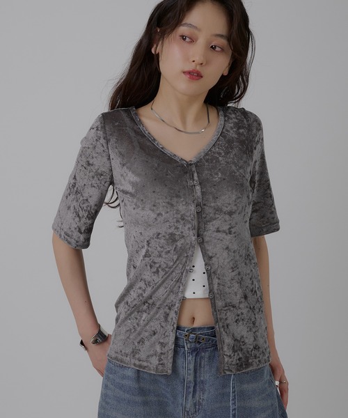 MUHET（ミュエータ）の「sheer mesh velour cardigan / シアーメッシュベロアカーディガン（カーディガン/ボレロ・レディース・ブラック/グレー/アイボリー・FREE）」の3枚目の写真