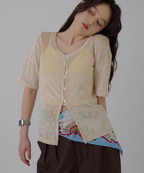 MUHET（ミュエータ）の「sheer mesh velour cardigan / シアーメッシュベロアカーディガン（カーディガン/ボレロ・レディース・ブラック/グレー/アイボリー・FREE）」の2枚目の写真