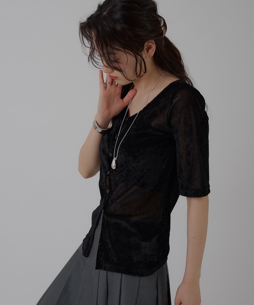 MUHET（ミュエータ）の「sheer mesh velour cardigan / シアーメッシュベロアカーディガン（カーディガン/ボレロ・レディース・ブラック/グレー/アイボリー・FREE）」の16枚目の写真