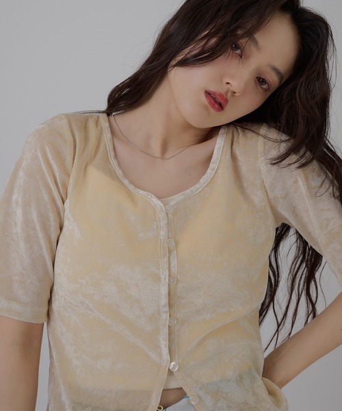 MUHET（ミュエータ）の「sheer mesh velour cardigan / シアーメッシュベロアカーディガン（カーディガン/ボレロ・レディース・ブラック/グレー/アイボリー・FREE）」の7枚目の写真