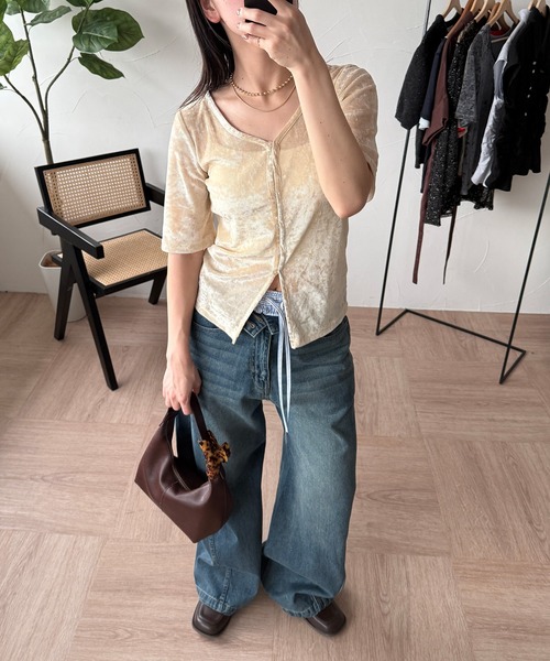 MUHET（ミュエータ）の「sheer mesh velour cardigan / シアーメッシュベロアカーディガン（カーディガン/ボレロ・レディース・ブラック/グレー/アイボリー・FREE）」の6枚目の写真