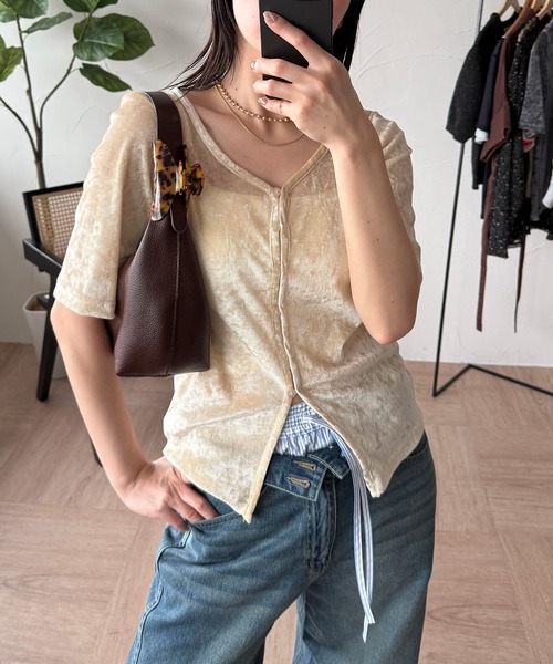 MUHET（ミュエータ）の「sheer mesh velour cardigan / シアーメッシュベロアカーディガン（カーディガン/ボレロ・レディース・ブラック/グレー/アイボリー・FREE）」の5枚目の写真