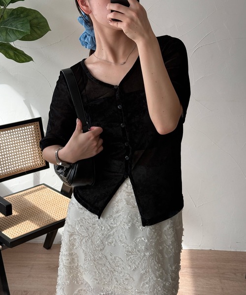 MUHET（ミュエータ）の「sheer mesh velour cardigan / シアーメッシュベロアカーディガン（カーディガン/ボレロ・レディース・ブラック/グレー/アイボリー・FREE）」の14枚目の写真