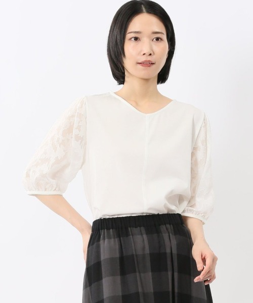 m.f.editorial(エムエフエディトリアル)の「【接触冷感 オパール袖】m.f.エディトリアル レディース クルーネック 半袖 プルオーバー Tシャツ(Tシャツ/カットソー・レディース・ブラック/ホワイト・LARGE/MEDIUM)」の1枚目の写真