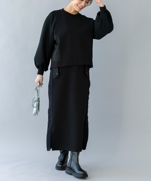UNDOVE(アンドゥーブ)の「UNDOVE【SMART ECO JERSEY】異素材切替スカート (ロングスカート/タイト/リブ使い/ポケット付/防シワ/ストレッチ/イージーケア/UV/ウォッシャブル)(スカート・レディース・ブラック/アイボリー系・SMALL/MEDIUM/LARGE/X-LARGE)」の3枚目の写真