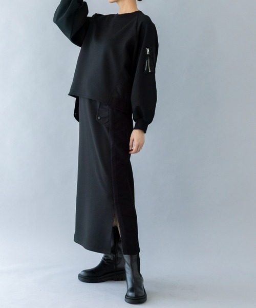 UNDOVE(アンドゥーブ)の「UNDOVE【SMART ECO JERSEY】異素材切替スカート (ロングスカート/タイト/リブ使い/ポケット付/防シワ/ストレッチ/イージーケア/UV/ウォッシャブル)(スカート・レディース・ブラック/アイボリー系・SMALL/MEDIUM/LARGE/X-LARGE)」の4枚目の写真