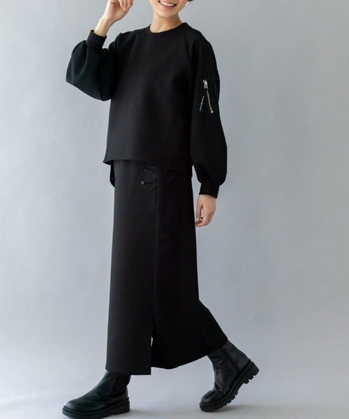 UNDOVE(アンドゥーブ)の「UNDOVE【SMART ECO JERSEY】異素材切替スカート (ロングスカート/タイト/リブ使い/ポケット付/防シワ/ストレッチ/イージーケア/UV/ウォッシャブル)(スカート・レディース・ブラック/アイボリー系・SMALL/MEDIUM/LARGE/X-LARGE)」の5枚目の写真
