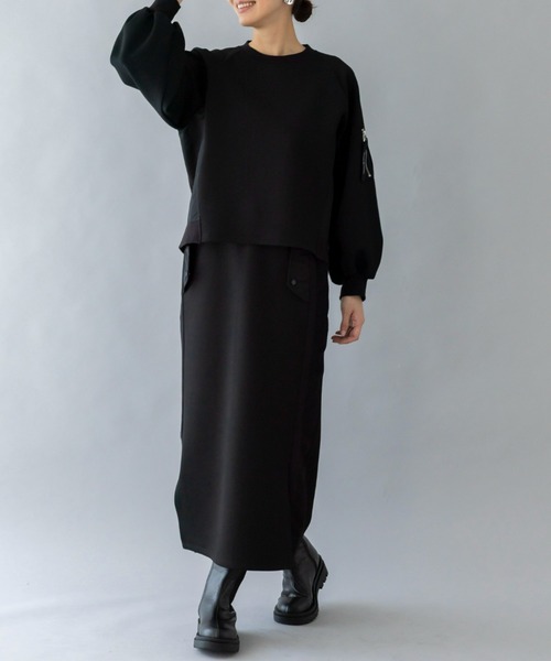 UNDOVE(アンドゥーブ)の「UNDOVE【SMART ECO JERSEY】異素材切替スカート (ロングスカート/タイト/リブ使い/ポケット付/防シワ/ストレッチ/イージーケア/UV/ウォッシャブル)(スカート・レディース・ブラック/アイボリー系・SMALL/MEDIUM/LARGE/X-LARGE)」の6枚目の写真