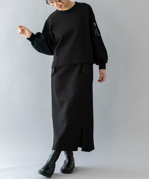 UNDOVE(アンドゥーブ)の「UNDOVE【SMART ECO JERSEY】異素材切替スカート (ロングスカート/タイト/リブ使い/ポケット付/防シワ/ストレッチ/イージーケア/UV/ウォッシャブル)(スカート・レディース・ブラック/アイボリー系・SMALL/MEDIUM/LARGE/X-LARGE)」の7枚目の写真