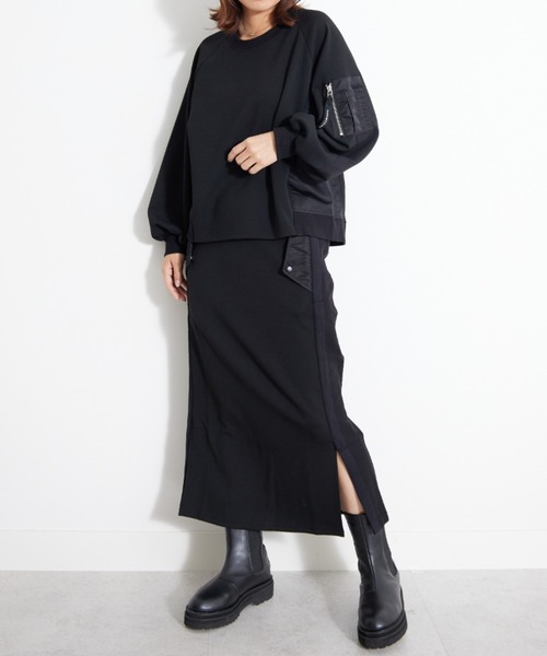 UNDOVE(アンドゥーブ)の「UNDOVE【SMART ECO JERSEY】異素材切替スカート (ロングスカート/タイト/リブ使い/ポケット付/防シワ/ストレッチ/イージーケア/UV/ウォッシャブル)(スカート・レディース・ブラック/アイボリー系・SMALL/MEDIUM/LARGE/X-LARGE)」の13枚目の写真
