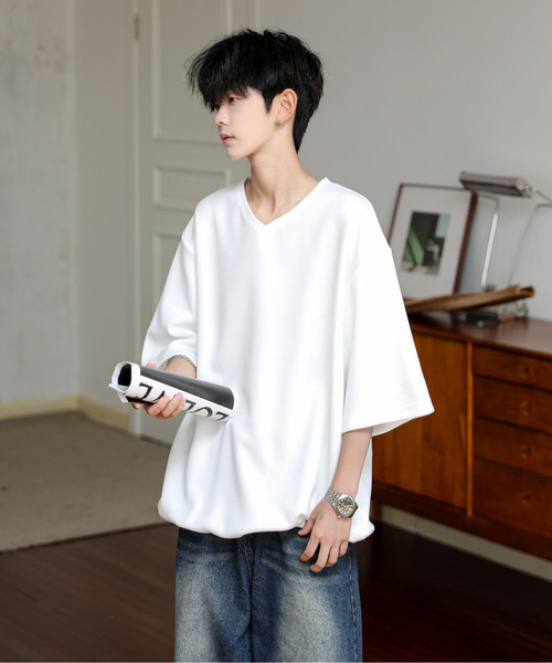 neos（ネオス）の「【neos】ルーズシルエット Vネック 裾 ドローコード Tシャツ（Tシャツ/カットソー・メンズ・ホワイト/ブラック/ブルー/チャコールグレー・LARGE/MEDIUM）」の5枚目の写真