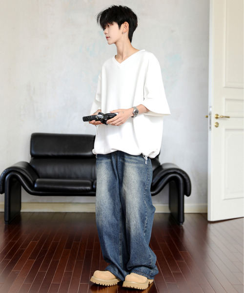 neos（ネオス）の「【neos】ルーズシルエット Vネック 裾 ドローコード Tシャツ（Tシャツ/カットソー・メンズ・ホワイト/ブラック/ブルー/チャコールグレー・LARGE/MEDIUM）」の6枚目の写真