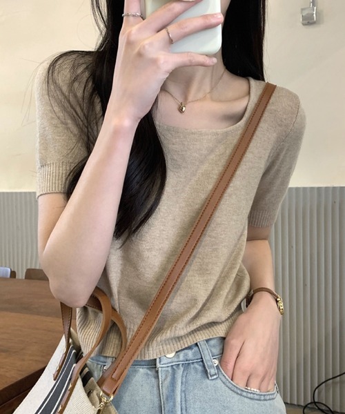 2ly2(トゥーリートゥー)の「スクエアネック半袖ニット(ニット/セーター・レディース・アイボリー/ブラック/ネイビー/ホワイト/ブラウン/グリーン/モカ・FREE)」の14枚目の写真