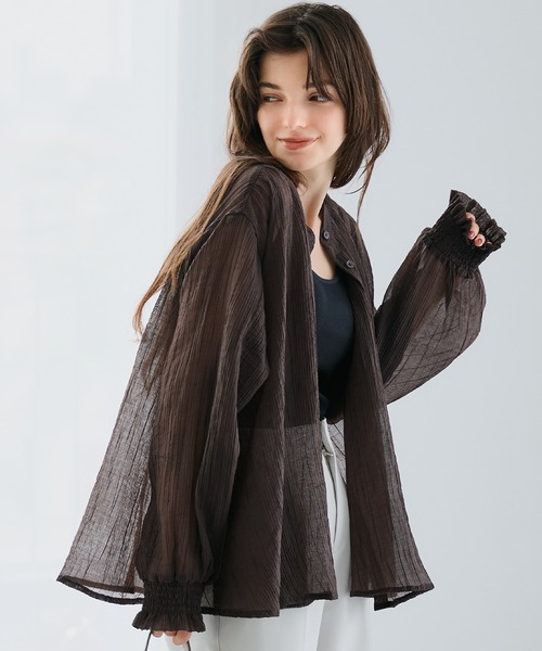 coca(coca)(コカ)の「シアーギャザーAラインブラウス(シャツ/ブラウス・レディース・グレー/ブラック/ブラウン/ピンク・S/M/L)」の3枚目の写真